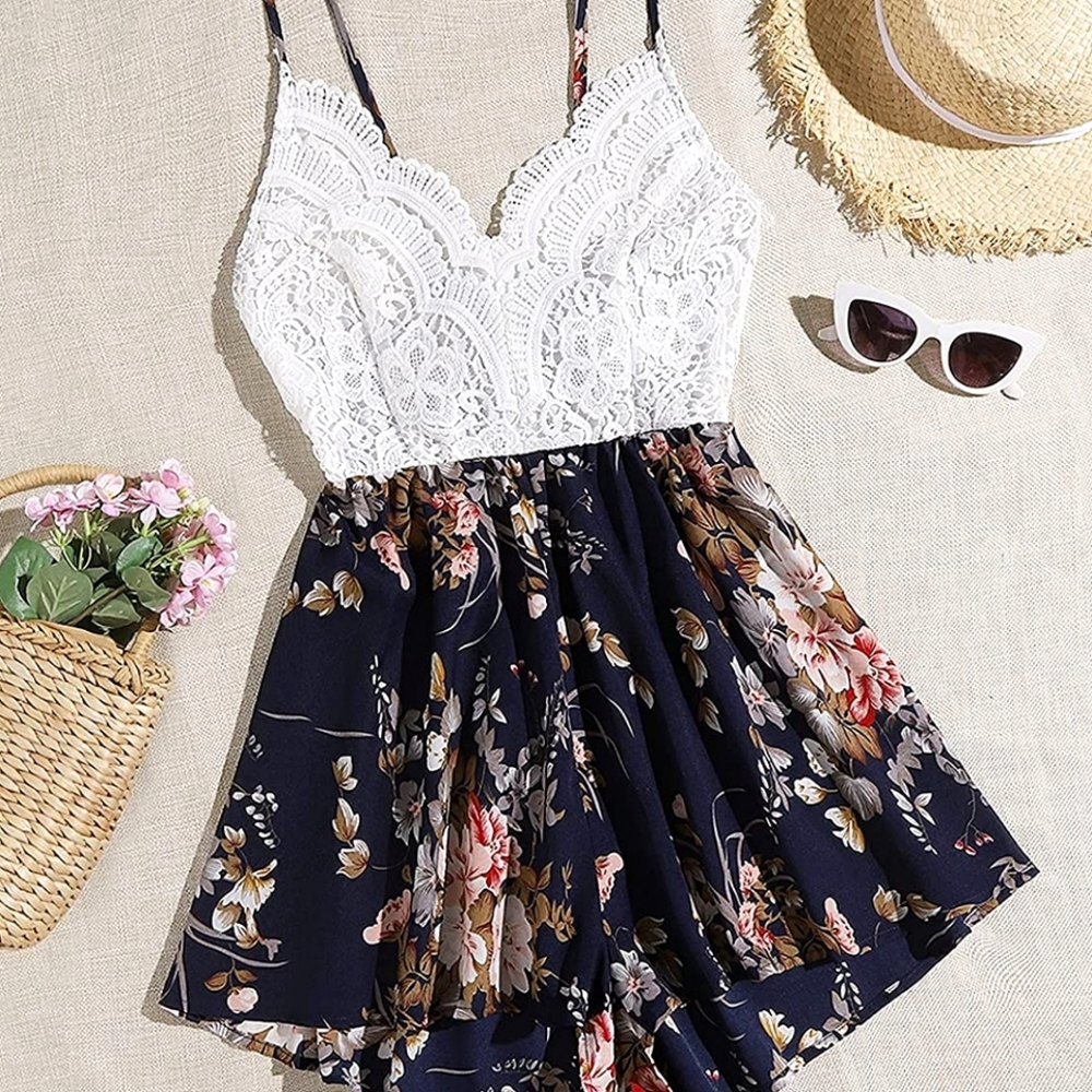 SheIn Women's Boho Crochet V Neck Halter Backless Floral Lace Romper Jumpsuit